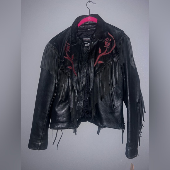 Jackets & Blazers - Vtg First Leather Motorcycle Biker Jacket Coat Fringe Red Rose Black Women Sz L